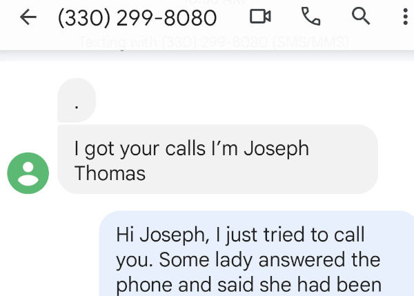 Joseph Thomas 3302998080 message text